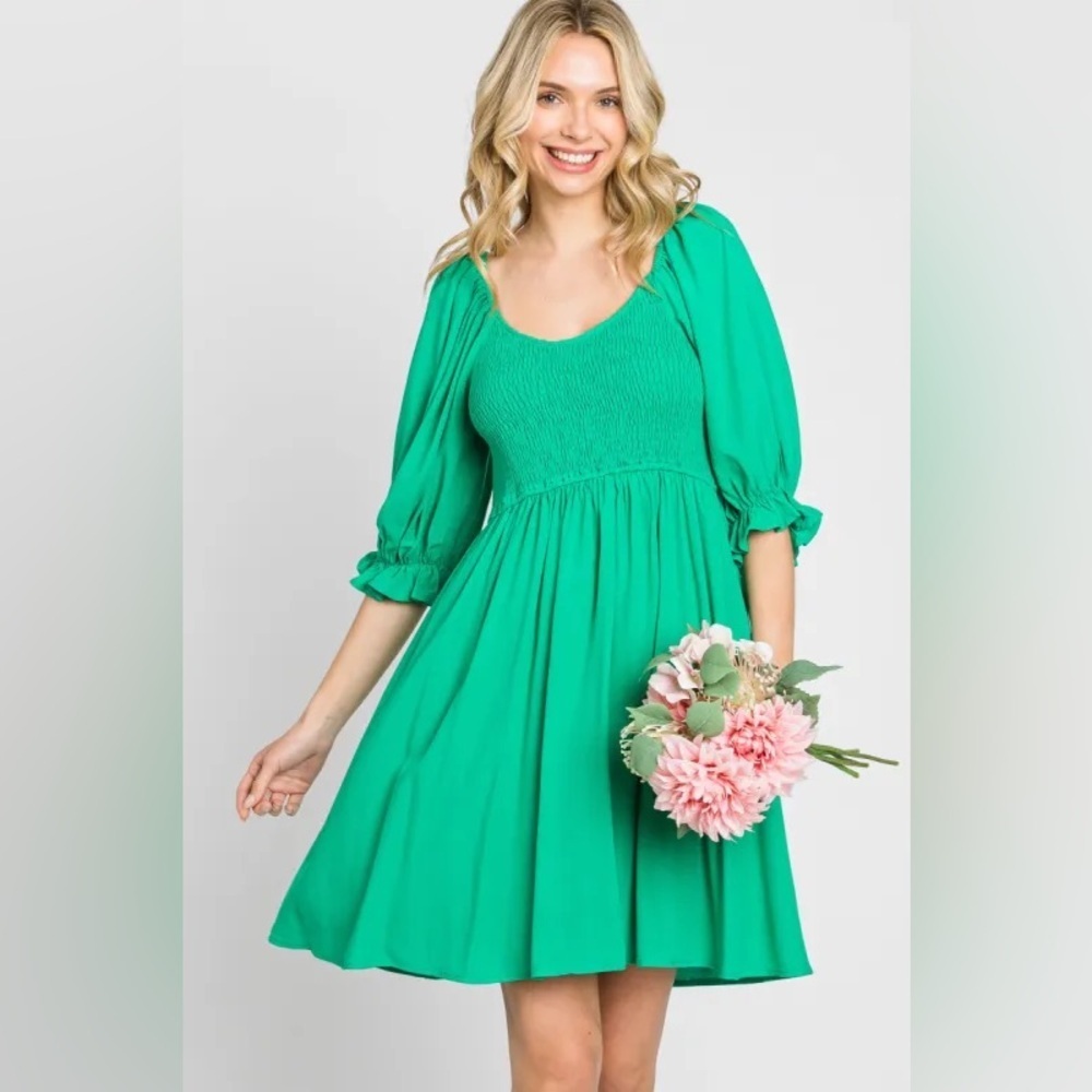 eesome Emerald Green Smocked Bodice Midi Dress with Puff Sleeves Kentucky derby